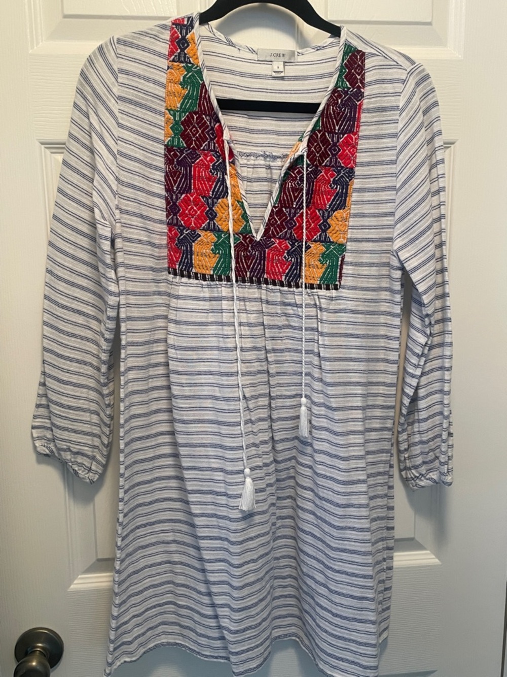 J. Crew Blue and White Striped Tunic with Multicolor Embroidered Yoke, Size S